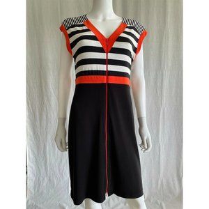 Women's Dress Sheath Short Sleeves Stripped White Red Black V-Neck Front Zipper